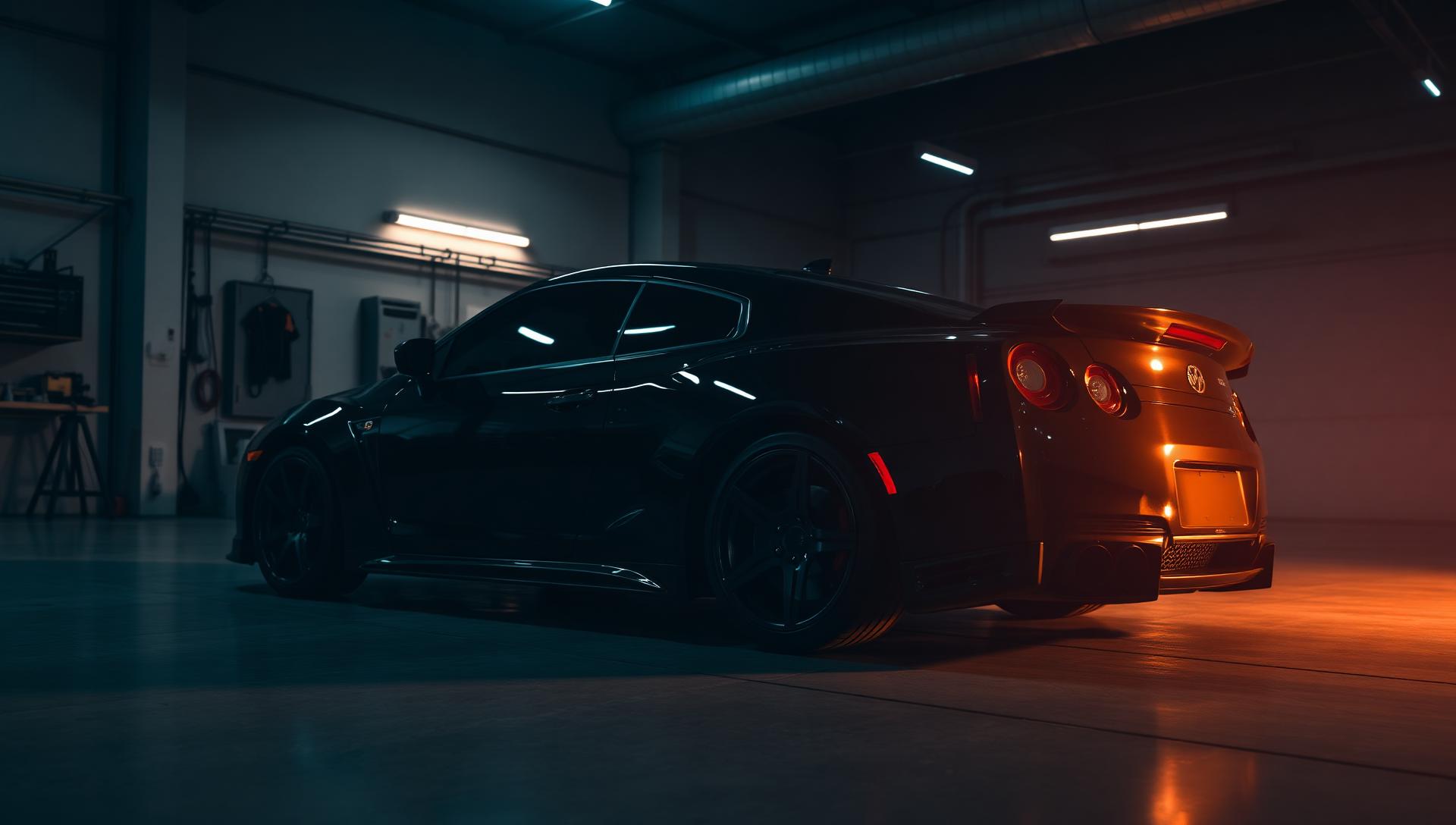 Freshly tinted black sports car with dark windows parked inside the East West Auto Tint shop