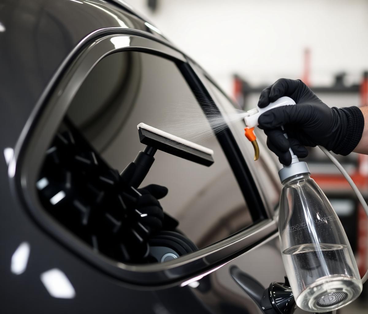 Technician applying window tint film to a car's side window